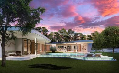 Modern house with pool at twilight