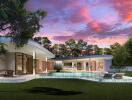 Modern house with pool at twilight