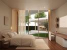 Modern bedroom with direct access to garden through glass doors