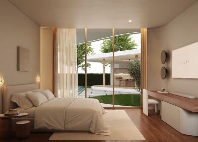 Modern bedroom with direct access to garden through glass doors