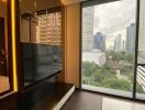 Modern apartment interior with a view of the cityscape