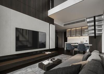 Modern living room with open dining area