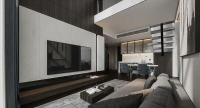 Modern living room with open dining area