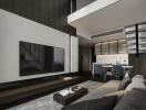 Modern living room with open dining area