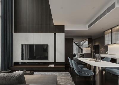 Modern and sleek living room with open kitchen and contemporary furniture