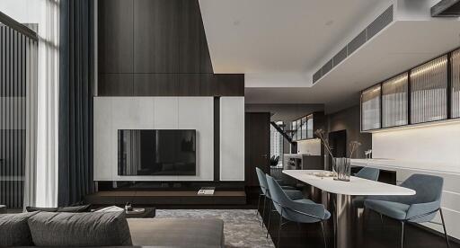 Modern and sleek living room with open kitchen and contemporary furniture