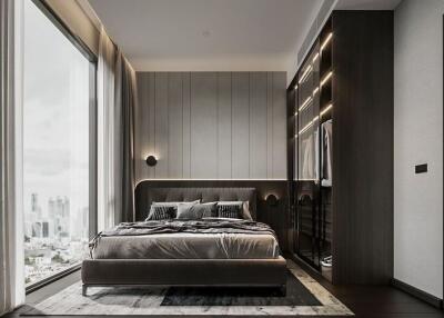 Modern bedroom with city view and natural light