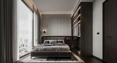 Modern bedroom with city view and natural light