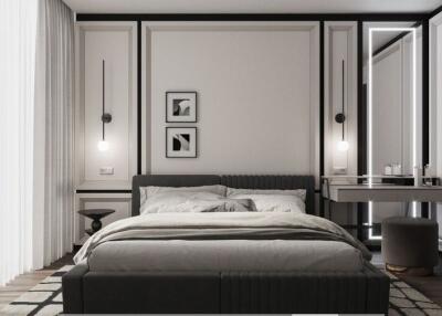 Modern bedroom with a large bed and stylish decor