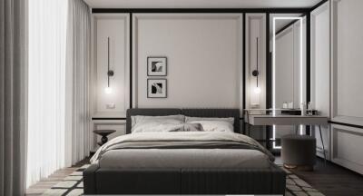 Modern bedroom with elegant decor and en-suite bathroom