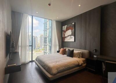 Modern bedroom with large window and city view