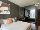 Modern bedroom with large bed and artistic decor