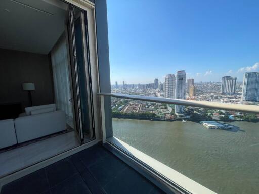 Spacious balcony with scenic city and river view