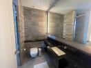 Modern bathroom with sleek design, dual vanity, and glass shower enclosure