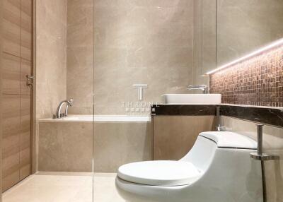 Modern bathroom with elegant fixtures and neutral tones