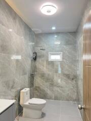 Modern bathroom interior with tiled walls
