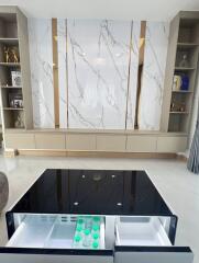 Modern kitchen with marble wall design and induction stove