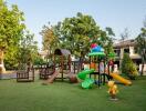 Spacious outdoor playground in a residential backyard with modern play equipment