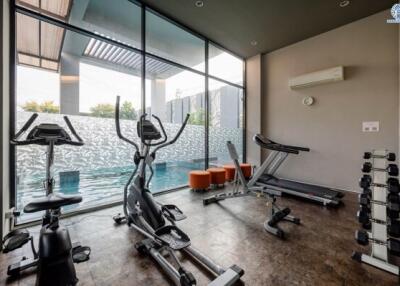 Modern home gym with exercise equipment and large windows