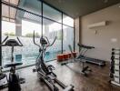 Modern home gym with exercise equipment and large windows