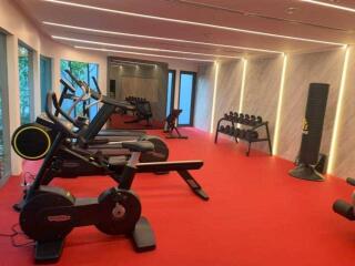 Home gym with exercise equipment and red flooring