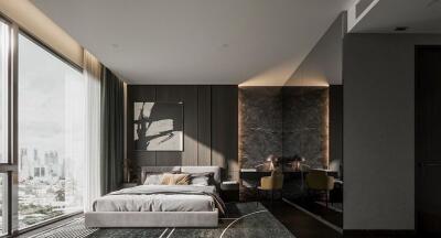 Modern bedroom with large window and city view