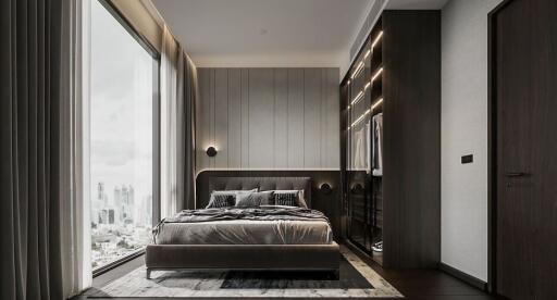 Modern bedroom with large windows and city view