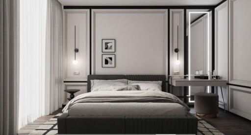 Modern bedroom interior with queen-sized bed, sleek furniture, and tasteful art