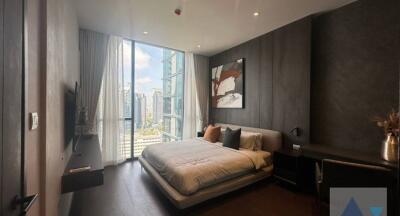 Modern bedroom with large window and city view