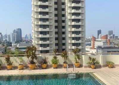 Urban balcony overlooking a pool and neighboring high-rise buildings