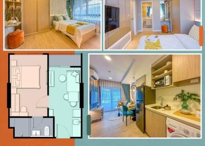 Collage of various rooms in a 1-bedroom apartment