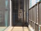 Modern balcony with wooden slats and city view