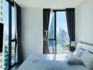 Modern bedroom with a view of the cityscape through a large window