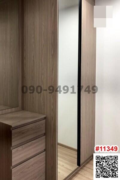 Modern bedroom with wooden wardrobe and sliding doors