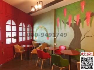 Cozy cafe interior with red walls and eclectic furniture
