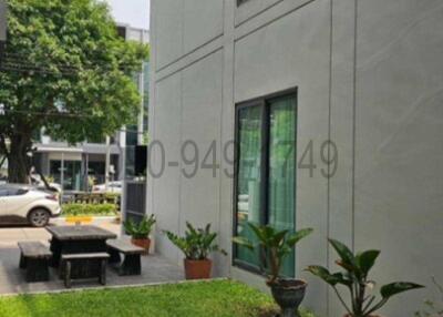 Modern building exterior with green lawn and potted plants