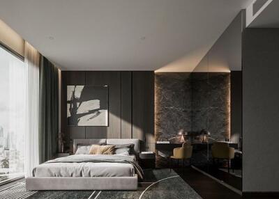 Modern bedroom with city view and artistic decor