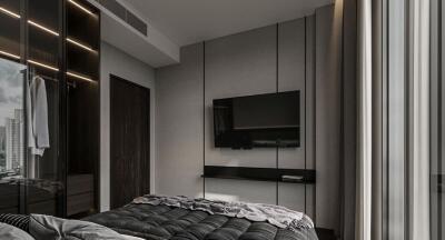 Modern bedroom with a city view, featuring a large bed and mounted television