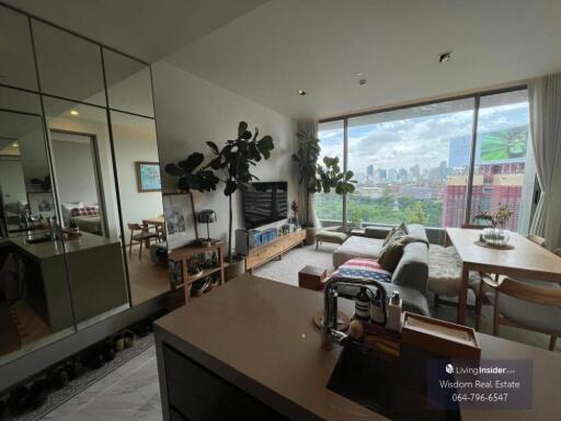Cozy living room with city view and modern decor