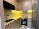 Modern kitchen with LED lighting, stainless steel appliances, and sleek cabinetry