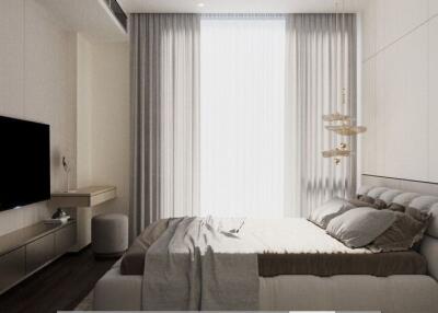 Modern minimalist bedroom with a large cozy bed, wall-mounted TV, and ample natural lighting