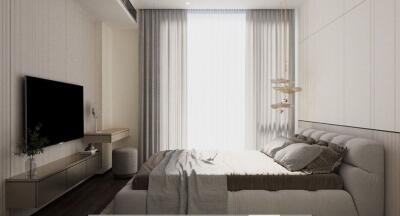 Modern minimalist bedroom with a large cozy bed, wall-mounted TV, and ample natural lighting