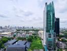 Panoramic view of the city skyline with high-rise buildings and lush greenery