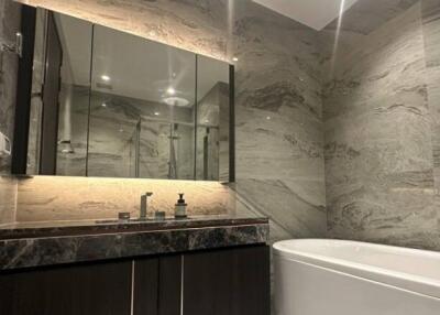 Modern bathroom with marble finish and bathtub