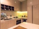 Modern kitchen with integrated appliances and under-cabinet lighting