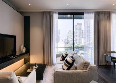 Modern living room with city view and cozy design