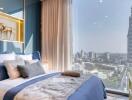 Modern bedroom with large windows and city view