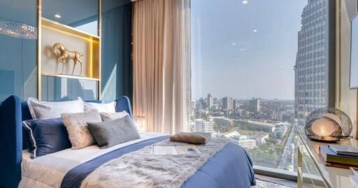 Modern bedroom with large windows and city view