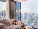 Stylish living room with floor-to-ceiling windows overlooking the cityscape