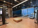 Home gym with modern equipment and city view